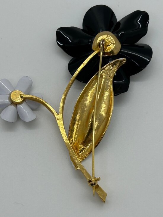 Vintage Avon Spectator Brooch Black & White Enamel Polka Dot Flower Rhinestone - Picture 6 of 12